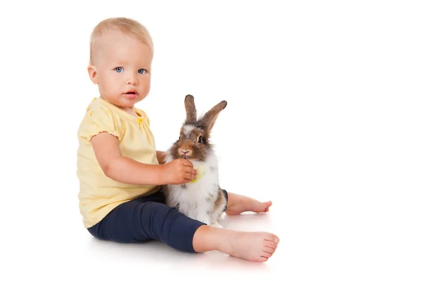 Little girl feeding rabbits cabbage — Stock Photo, Image