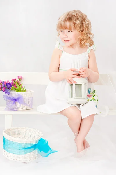 Beautiful girl with lantern, on a gray background — Stock Photo, Image