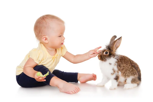 Klein meisje voederen konijnen kool Rechtenvrije Stockfoto's