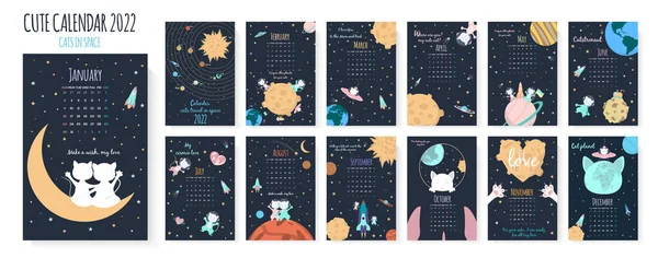 Lindo Calendario Para 2022 Los Gatos Caminan Espacio Sistema Solar — Archivo Imágenes Vectoriales