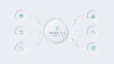 Neumorfik akış şeması bilgisi. 6 adımlı infografik için yaratıcı bir kavram