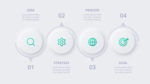 Grafico Flusso Neumorfico Infografico Concetto Creativo Infografica Con Passaggi — Vettoriale Stock