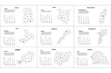 İletişim ağı haritası. Şehir ışıklarıyla dolu küresel bir haritanın vektör görüntüsü. Çizgiler ve noktalar şeklinde haritala