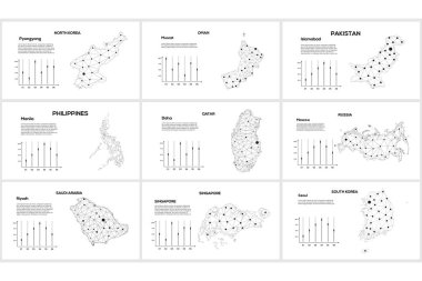 İletişim ağı haritası. Şehir ışıklarıyla dolu küresel bir haritanın vektör görüntüsü. Çizgiler ve noktalar şeklinde haritala