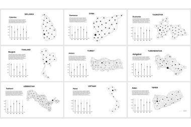 İletişim ağı haritası. Şehir ışıklarıyla dolu küresel bir haritanın vektör görüntüsü. Çizgiler ve noktalar şeklinde haritala