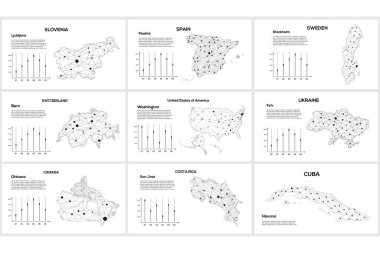 İletişim ağı haritası. Şehir ışıklarıyla dolu küresel bir haritanın vektör görüntüsü. Çizgiler ve noktalar şeklinde haritala
