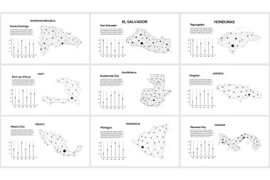 İletişim ağı haritası. Şehir ışıklarıyla dolu küresel bir haritanın vektör görüntüsü. Çizgiler ve noktalar şeklinde haritala