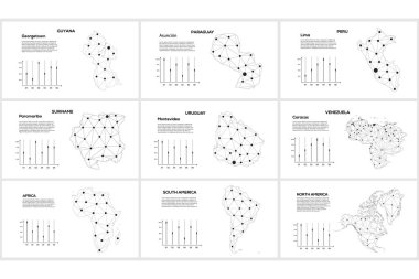 İletişim ağı haritası. Şehir ışıklarıyla dolu küresel bir haritanın vektör görüntüsü. Çizgiler ve noktalar şeklinde haritala