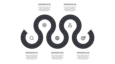 5 adım, seçenek, parça veya süreçle bilgi için yol kavramı.