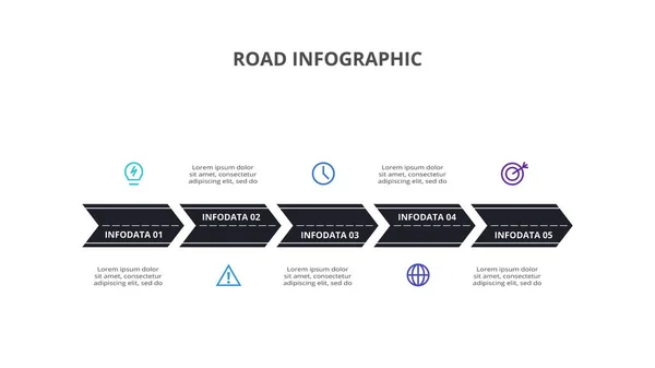 Koncepcja Drogowa Infografiki Etapami Opcjami Częściami Lub Procesami — Wektor stockowy