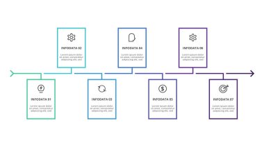 7 adım, seçenek, parça ya da süreç içeren dikdörtgenler.