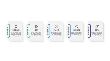 5 adım, seçenek, parça ya da süreç içeren dikdörtgenler.