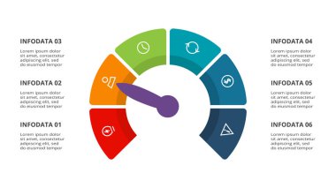 Web, iş, sunumlar, vektör illüstrasyonu için 6 öge şablonuna sahip hız göstergesi bilgisi.