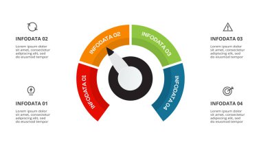 Web, iş, sunumlar, vektör illüstrasyonları için 4 öge şablonlu hız göstergesi bilgisi.