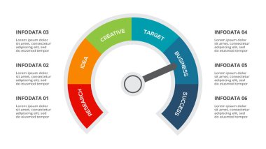 Web, iş, sunumlar, vektör illüstrasyonu için 6 öge şablonuna sahip hız göstergesi bilgisi.