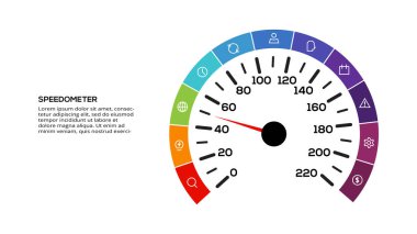 Web, iş, sunumlar, vektör illüstrasyonu için 11 öge şablonuna sahip hız göstergesi bilgisi.