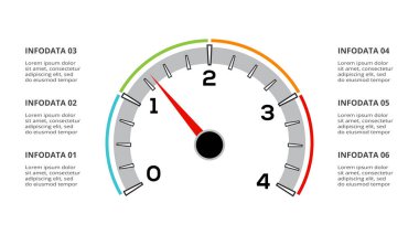 Web, iş, sunumlar, vektör illüstrasyonu için 6 öge şablonuna sahip hız göstergesi bilgisi.