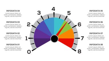 Web, iş, sunumlar, vektör illüstrasyonları için 8 öge şablonlu hız göstergesi bilgisi.