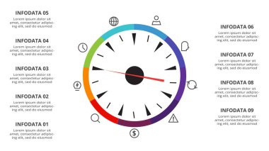 Web, iş, sunumlar, vektör illüstrasyonları için 9 öge şablonlu hız göstergesi bilgisi.