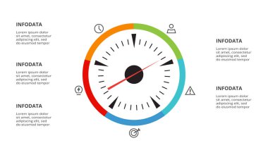 Web, iş, sunumlar, vektör illüstrasyonları için 5 öge şablonlu hız göstergesi bilgisi.
