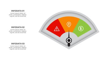 Web, iş, sunumlar, vektör illüstrasyonları için 3 öge şablonlu hız göstergesi bilgisi.