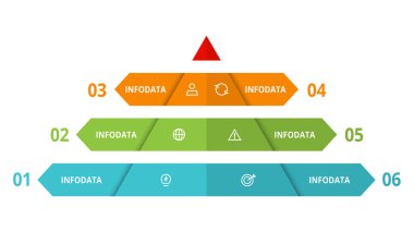 6 elementi olan üçgen, web, iş, sunumlar, vektör illüstrasyonu için bilgi şablonu.