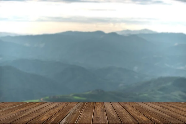 Wooden Table Beauty Blur Sky Mountains Backgroun — Stock Photo, Image