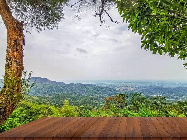 Wooden Table Beauty Blur Sky Mountains Backgroun — Foto Stock