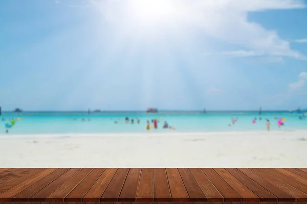 Wooden Table Tops Blurry Sea Floor Clear Sky —  Fotos de Stock