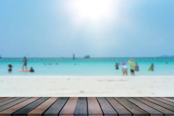 Wooden Table Tops Blurry Sea Floor Clear Sky —  Fotos de Stock