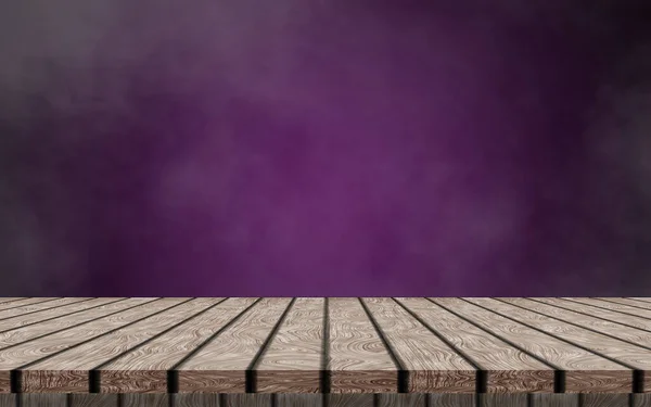 Lonely Empty Wooden Table Dark Purple Smoke Background Simulate Your — ストック写真