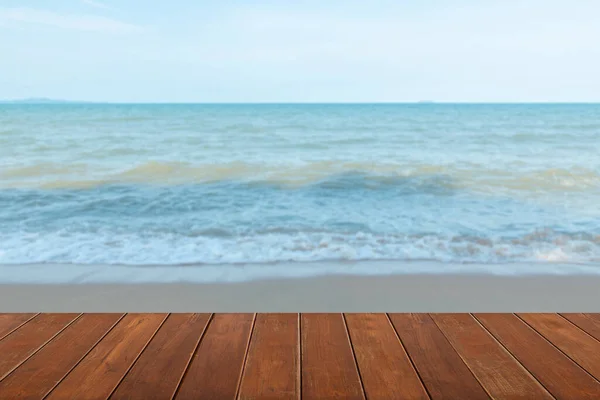 Beautiful Wooden Floor Bright Blue Sea Sky Background —  Fotos de Stock