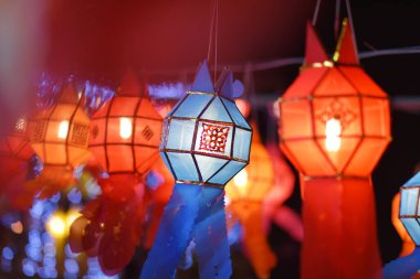 Yi Peng colorful paper lanterns decoration at night Loy Krathong Festival northern thailan