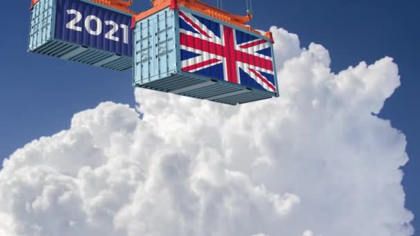 2021年交易 带有联合王国国旗的运费集装箱 3D渲染 — 图库视频影像