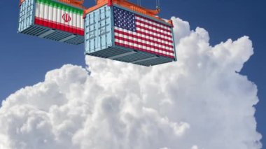 ABD ve İran ulusal bayraklı nakliye konteynerleri. 3B Hazırlama