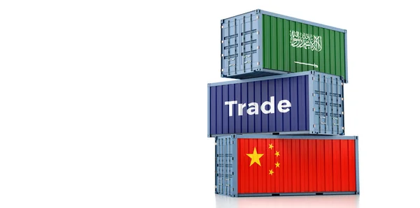 Schiffscontainer Mit Chinesischer Und Saudi Arabischer Nationalflagge Rendering — Stockfoto