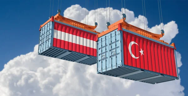 トルコとオーストリアの国旗付き貨物コンテナ 3Dレンダリング — ストック写真