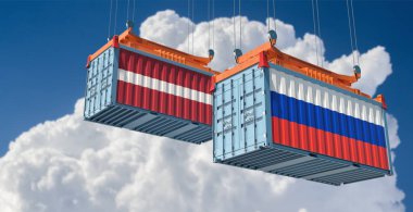 Rusya ve Letonya ulusal bayraklı nakliye konteynerleri. 3B Hazırlama 
