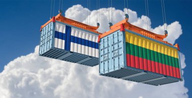 Finlandiya ve Litvanya ulusal bayraklı nakliye konteynerleri. 3B Hazırlama 