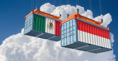 Meksika ve Endonezya ulusal bayraklı konteynırlar. 3B Hazırlama 