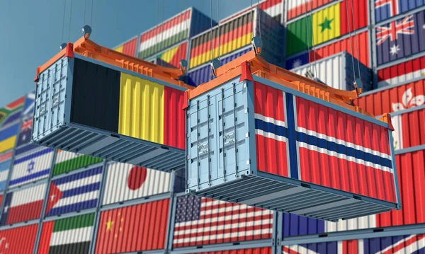ベルギー国旗とノルウェー国旗の貨物コンテナ 3Dレンダリング — ストック写真