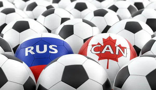 Match Soccer Canada Russie Balles Cuir Aux Couleurs Nationales Canada — Photo