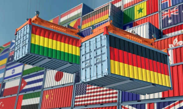 Frachtcontainer Mit Deutscher Und Bolivianischer Nationalflagge Rendering — Stockfoto