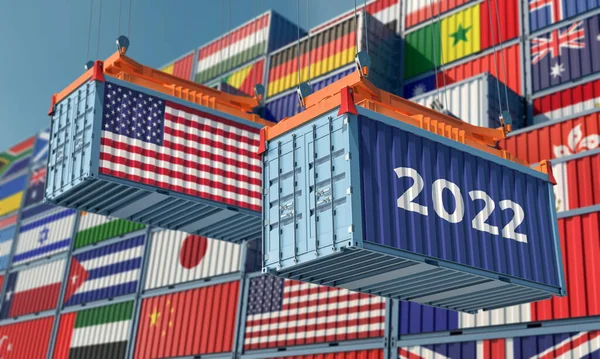 2022年取引 アメリカ国旗付き貨物コンテナ 3Dレンダリング — ストック写真