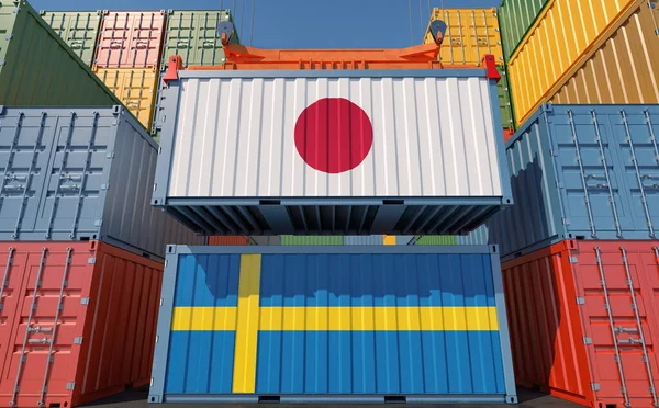 日本とスウェーデンの国旗が付いた貨物コンテナ 3Dレンダリング — ストック写真