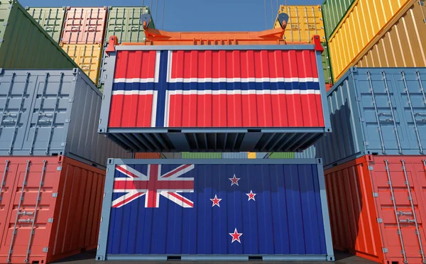 Godsbehållare Med Nya Zeelands Och Norges Nationella Flaggor Återgivning — Stockfoto