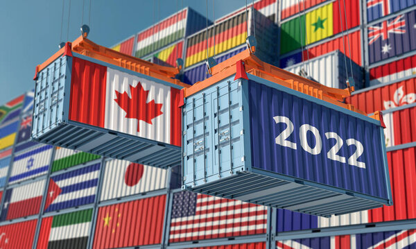 Trading 2022. Freight container with Canada national flag. 3D Rendering 