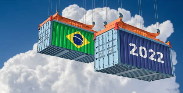 Trading 2022 Freight Container Brazil National Flag Rendering — стокове фото
