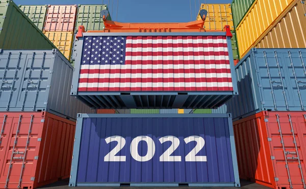 2022年交易 悬挂美国国旗的货运集装箱 3D渲染 — 图库照片