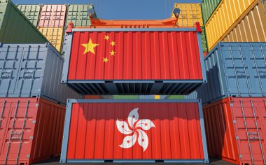 Hong Kong ve Çin ulusal bayraklı konteynırlar. 3B Hazırlama 